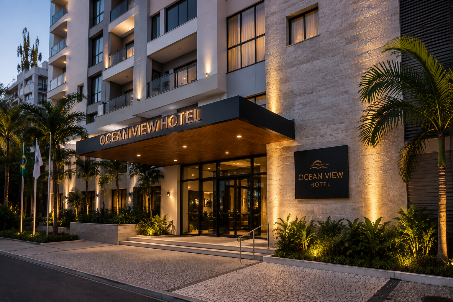 Entrada iluminada de hotel moderno